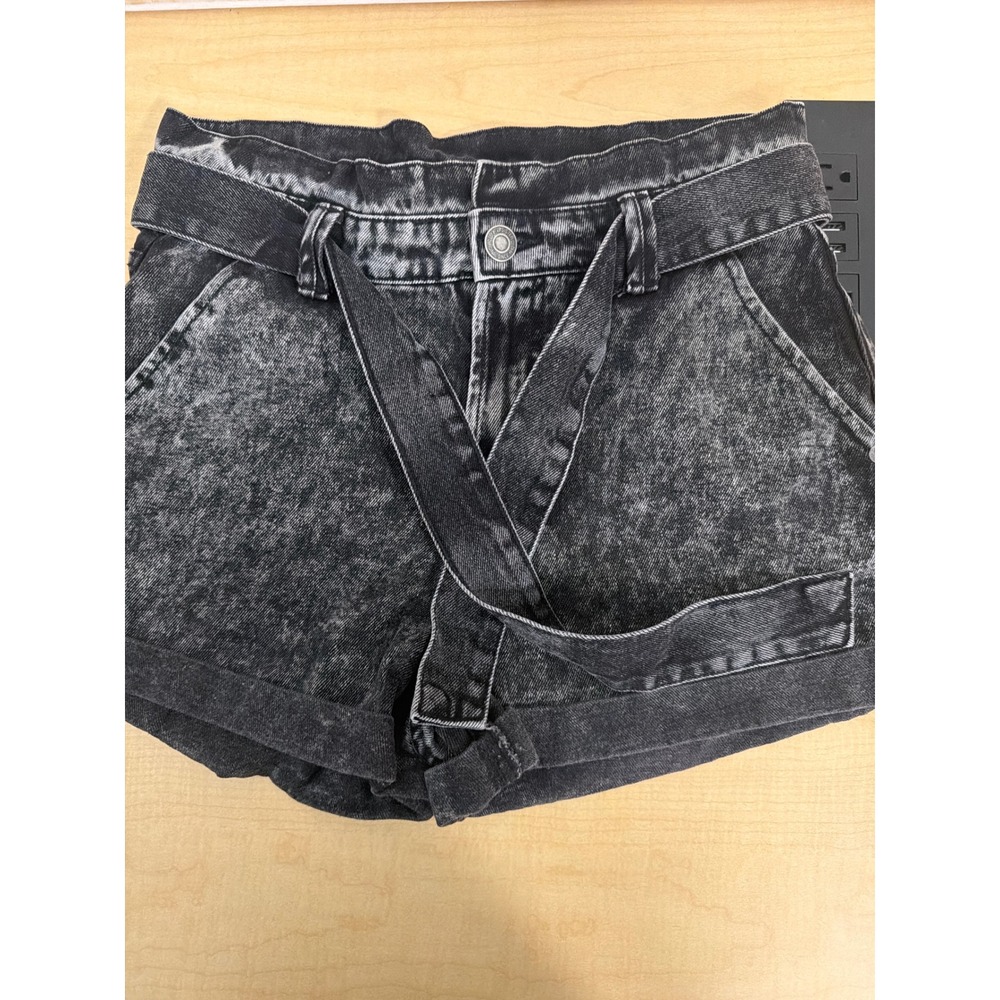 FB Sister Women Acid Wash Denim Paperbag Shorts Black Grey Size M Belted Cuffed